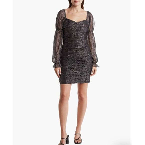 BCBGENERATION Metallic Dot Long Sleeve Ruched Dress in Color Champagne - Picture 3 of 14